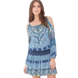 NWT Hale Bob Savana Blouson Cold Shoulder Tie Neck Drop Waist Tunic Dress - L